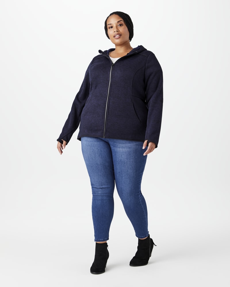Plus size model with hourglass body shape wearing Everest Luxe Fleece Lined Hoodie by Marribee | Dia&Co | dia_product_style_image_id:152971